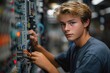 © Ghiska - A young man in a blue shirt is working on an electrical system at the plant.