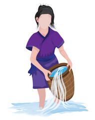 Isolated A country woman draws water from an oak bucket.vector design on white background