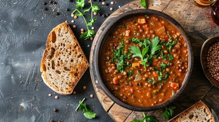 Wall Mural - A hearty bowl of lentil soup garnished with fresh herbs and served with a slice of whole grain bread.