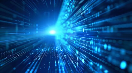 Wall Mural - a dynamic display of blue light beams and data streams representing futuristic technology and speed.