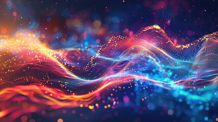 Wall Mural - An abstract image of a digital wave with bright colors and light trails.