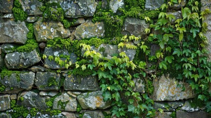 Canvas Print - An ancient stone wall covered with moss and ivy, revealing the passage of time and nature's reclaim.