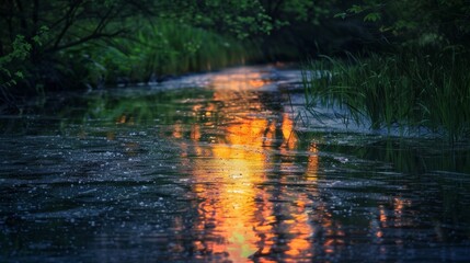 Wall Mural - Sunset Reflection in a Forest Stream.