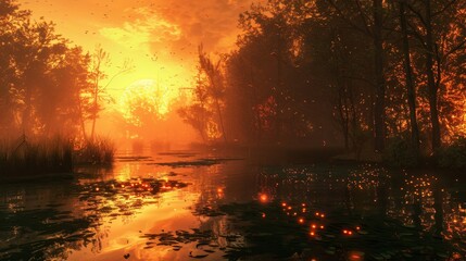 Wall Mural - Sunset Over a Forest Lake.