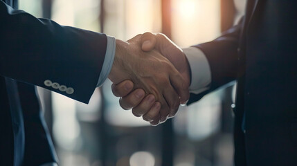 professional handshake between businessmen, symbolizing trust, agreement, partnership, and successful collaboration. The image captures a formal, positive interaction in a business setting