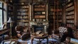 © Gomez - An antique library with dark wood bookshelves filled with old books, a marble fireplace, and leather armchairs where readers enjoy a quiet atmosphere