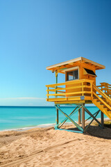 A yellow lifeguard tower sits on a beach next to the ocean