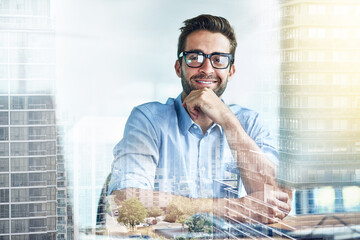 Wall Mural - Business man, city double exposure and portrait with confidence, glasses and smile in office. Male financial advisor, happy and urban overlay with eyewear, corporate career and employee in workplace