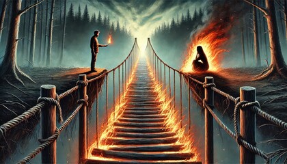 Dramatic Fiery Bridge in Enchanted Forest at Night: Man and Woman Separated by Uncertain Path Through Flaming Suspension Bridge