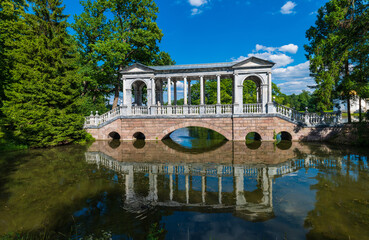 marble bridge (palladian bridge) in catherine park tsarskoe selo, pushkin, st. petersburg, russia