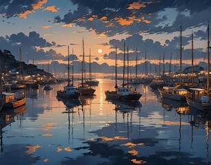 Wall Mural - A marina with boats on the water at sunset. 