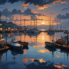 Wall Mural - A marina with boats on the water at sunset. 