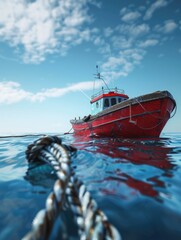 Wall Mural - A small red boat floating on the surface of a calm body of water