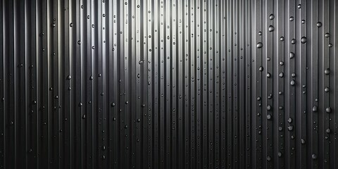 Wall Mural - Black corrugated metal wall with light fade and water drops, corrugated metal, wall texture, background, black, fade