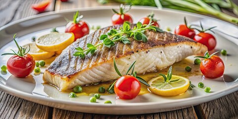 Wall Mural - Grilled fish fillet garnished with herbs and served with cherry tomatoes in a fine dining restaurant, grilled