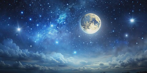 Wall Mural - artist rendering of a night sky with a full moon, stars, and bright light , moon, night, sky, stars,