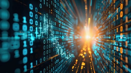 Dynamic digital background featuring vibrant binary code and glowing light, perfect for technology and data concepts.