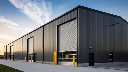 industrial warehouse building exterior with large windows and doors.