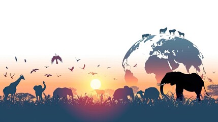 World Wildlife Day concept with diverse animal silhouettes and a globe, emphasizing global conservation