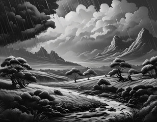 Wall Mural - Beautiful cloudy sky in a black and white photograph on a rainy day