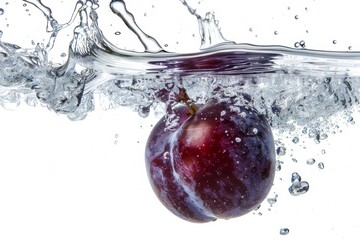 Wall Mural - Black Amber Plum falling into the water with a splash on a white background