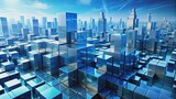 Abstract futuristic of cubes and blue cityscape in the distance, futuristic, abstract,, cubes, blue