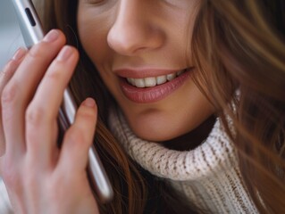 A close-up shot of a woman speaking on her mobile device