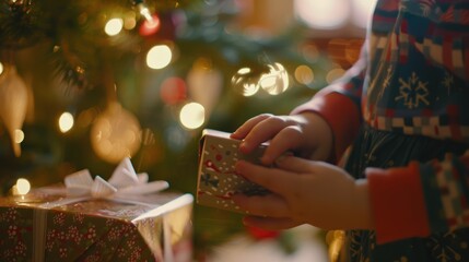 Wall Mural - Child opens a christmas present under the tree with bokeh lights in the background