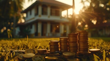 Stacks of coins, house in the background, photo of investment and financial freedom