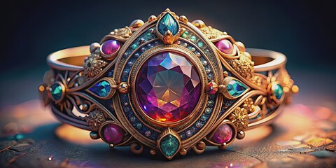 Wall Mural - Detailed stock photo of an amazing magic ring with ultra detailed symmetrical jewels, magic, ring, amazing, detailed