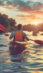 Canvas Print - A group of people are paddling in a canoe on the water. AI.