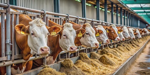 Simmental cattle being fed on a beautiful dairy farm, Simmental, cattle, cows, farm, feeding, hay, livestock, agriculture