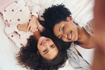 Poster - Selfie, smile and mom with girl on bed for memory, social media post or photography in bedroom. Top view, POV and African woman with child for profile picture, happiness or relax together in home