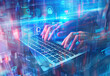 © oneli - Hands Typing on Laptop with Futuristic Digital Interface and Cybersecurity Icons