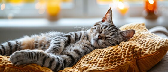 Wall Mural - A tabby cat sleeps soundly on a soft cushion. AI.