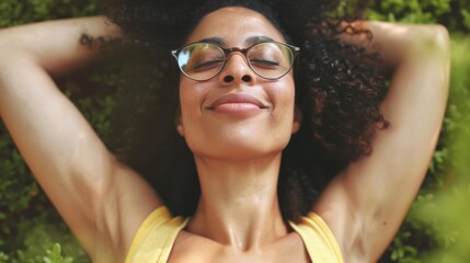 Poster - A woman in glasses lies peacefully in grass. AI.