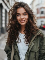 Wall Mural - A woman with long brown curly hair smiles for the camera. AI.