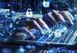 © oneli - Hands Typing on Laptop with Futuristic Digital Interface and Cybersecurity Icons