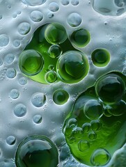 Canvas Print - Close-up of green bubbles on a reflective surface. AI.