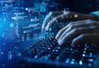 © oneli - Hands Typing on Laptop with Futuristic Digital Interface and Cybersecurity Icons