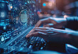 © oneli - Hands Typing on Laptop with Futuristic Digital Interface and Cybersecurity Icons