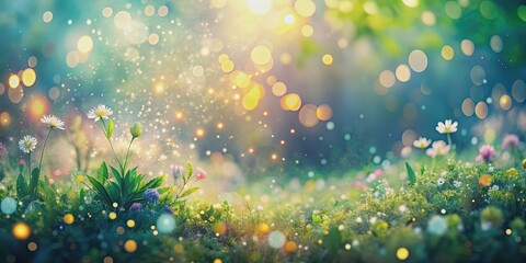 Serene abstract garden with softly glowing particles in defocused background, serene, peaceful, abstract, garden, soft