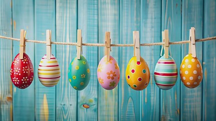 Colorful Easter eggs hanging on a clothesline , Easter, eggs, hanging, clothesline, decoration, spring, holiday