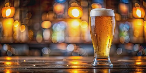 Glass of cold beer on a bar counter with condensation droplets, refreshing, alcoholic beverage, pub, brewery, draft, pint, ale, lager