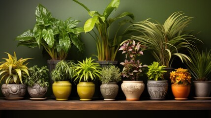 Sticker - a row of potted plants on a wooden shelf.