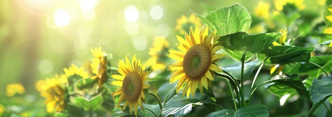 A group of sunflowers with one being open and others still closed, set against a blurred green background Generative AI