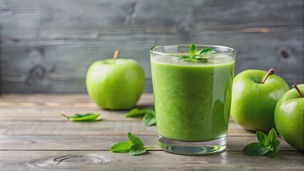 Wall Mural - Side view of a refreshing green apple smoothie in a clear glass, green, apple, smoothie, healthy, drink, beverage, glass