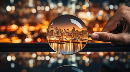 Canvas Print - A hand holding a magnifying glass focuses on a vibrant, illuminated cityscape at night, set against a starry, blurred background 