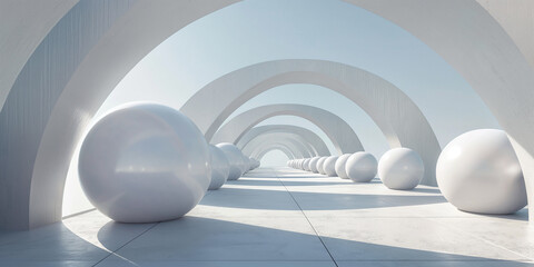 Poster - White spheres are crowding a corridor with arches in a 3d render
