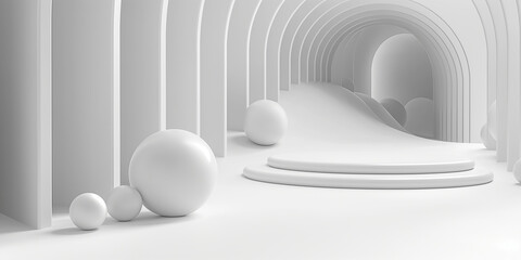 Poster - White round podium displaying product with geometric arches in background